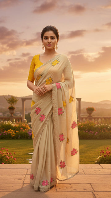Soft Rangoli Silk Embroidary Work Cream Saree