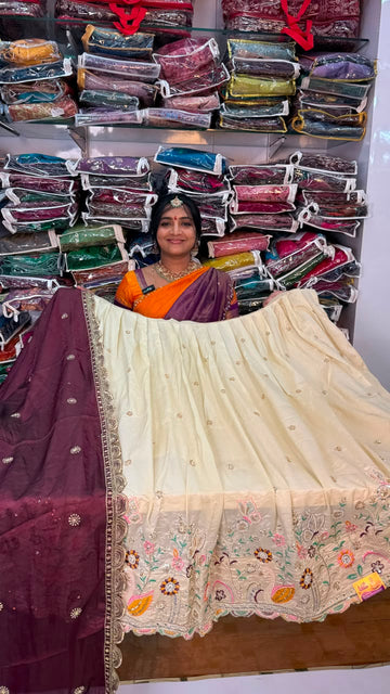 VISCOUS TISSUE CREAM COLOUR HALF SAREE