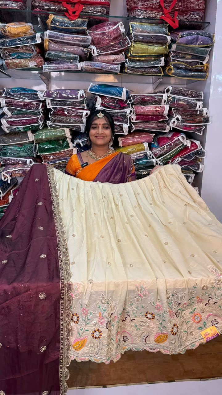 VISCOUS TISSUE CREAM COLOUR HALF SAREE